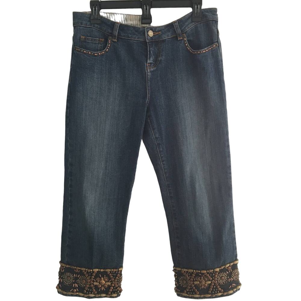 E by ECI BOHO Beaded Hem and Pockets Jean Capris, Size 6 Petite.